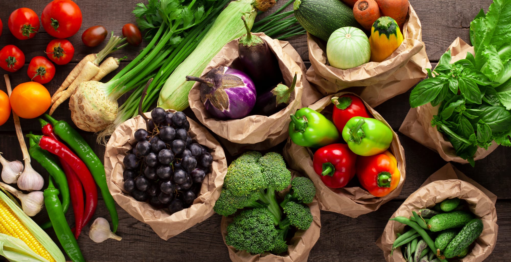 vegetables in brown bags